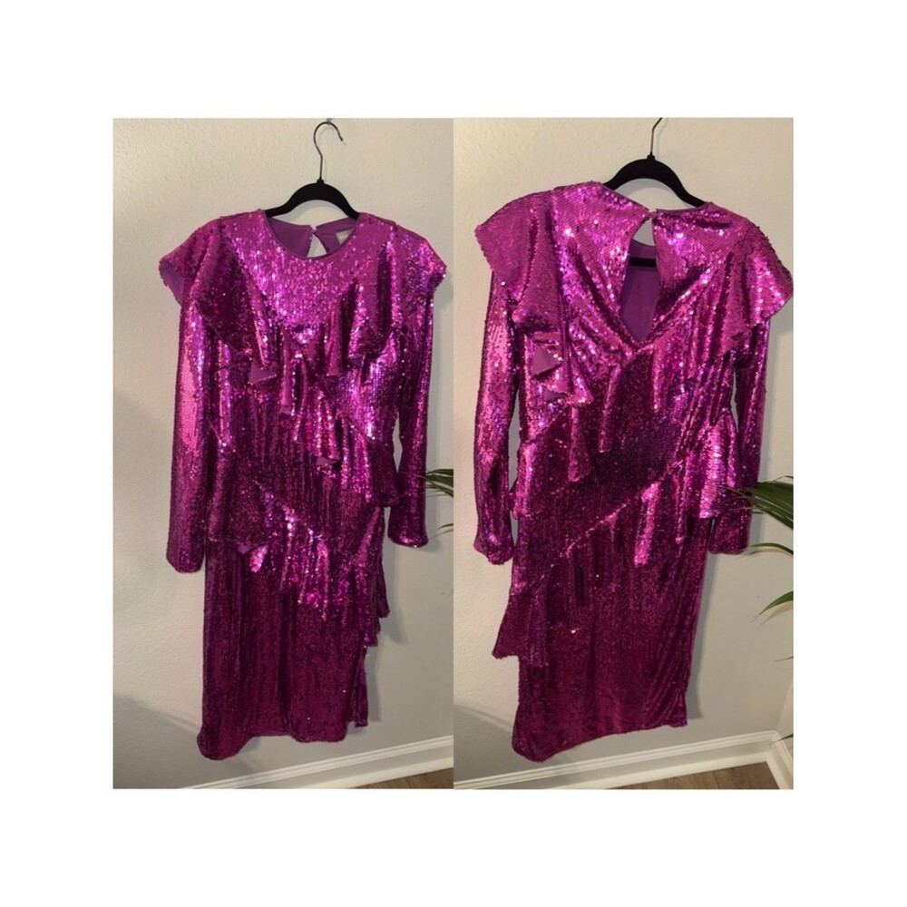 ASOS DRESS Fuchsia Sequin Ruffle Long-Sleeve Dress